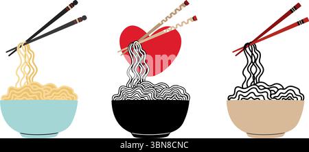 Diverse varianti di spaghetti nella ciotola, cibo asiatico con bacchette di legno, opere d'arte originali Illustrazione Vettoriale