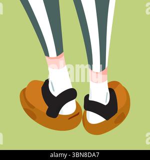 Illustrazione degli zoccoli marroni con calzini. Zoccoli marroni con cinturini neri indossati con calze bianche e pantaloni a righe. Stile piatto, tonalità terrose, su sfondo verde Illustrazione Vettoriale