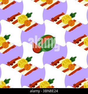 Motivo per picnic estivo senza cuciture. Motivo senza cuciture con asciugamani da spiaggia, ananas, arance, angurie e occhiali da sole su sfondo viola a scacchi. Fil Illustrazione Vettoriale