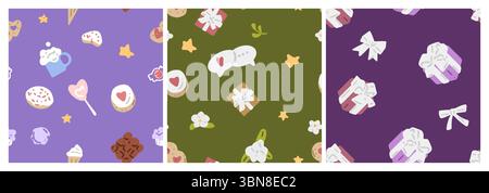 Pacchetto primavera senza cuciture per San Valentino. Set di tre motivi senza cuciture. Stile piatto con colori delicati e romantici. Illustrazione Vettoriale