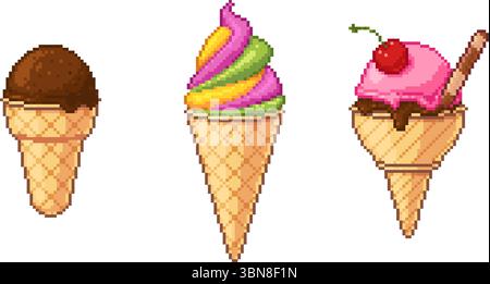 Tre tipi di gelato in coni per waffle. Stile pixel art con sessola di cioccolato, turbolenza arcobaleno e ciliegia. Design minimalista e colorato. Vettore Illustrazione Vettoriale