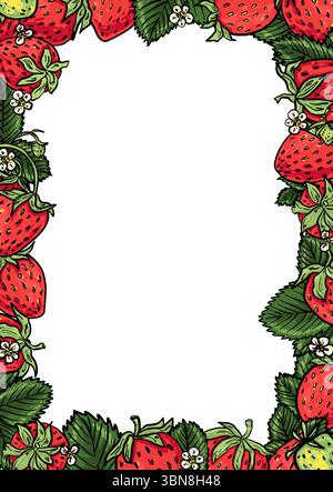 Cornice rettangolare verticale con fragole, foglie verdi e fiori bianchi intorno ai bordi. Area centrale lasciata vuota per il posizionamento del testo o del progetto. Illustrazione Vettoriale