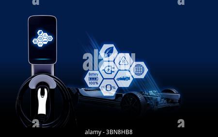 Concetto di cavo di alimentazione pompa collegare l'alimentazione di carica all'auto elettrica EV con icona Save the World. Foto Stock