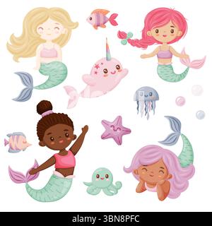 Un'affascinante collezione di illustrazioni vettoriali con adorabili sirene con varie acconciature e tonalità della pelle, accompagnate da simpatiche creature marine Illustrazione Vettoriale