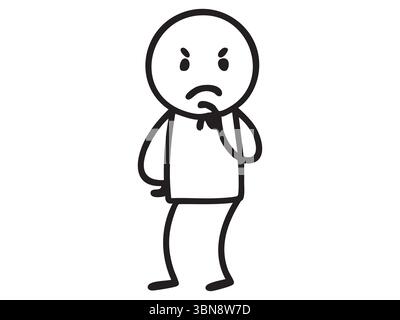 Figura nera con un'espressione facciale arrabbiata, disegno di linee in stile cartoni animati. Concetto di dubbio, emozione negativa, conflitto, carattere umano Illustrazione Vettoriale
