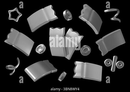 Coupon 3d argento monete spirali percentuali che volano in diverse posizioni su sfondo nero Illustrazione Vettoriale