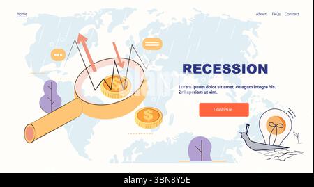 Recessione economica crisi lente di ingrandimento grafico in calo monete mappa mondiale sfondo piovoso lumaca banner sito web Illustrazione Vettoriale