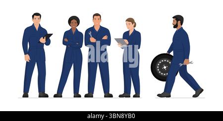 Gruppo di meccanici in posa insieme, concetto di riparazione e assistenza auto, isolato Illustrazione Vettoriale