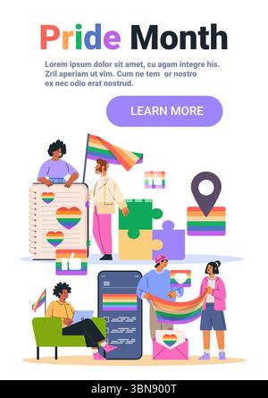 Festa del mese dell'orgoglio persone della comunità LGBTQ bandiere arcobaleno cuori icone digitali dei social media diversi puzzle di gruppo pagina di destinazione sullo sfondo Illustrazione Vettoriale