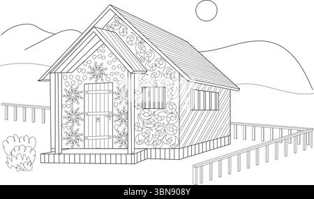Una dettagliata illustrazione in bianco e nero con una casa o un cottage stilizzato di ispirazione medievale. Il disegno presenta decorazioni ornamentali Illustrazione Vettoriale