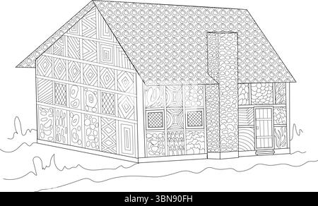 Un'intricata illustrazione in bianco e nero di una casa stilizzata in stile medievale o Tudor, caratterizzata da vari motivi ornati sulle pareti e sul roo Illustrazione Vettoriale