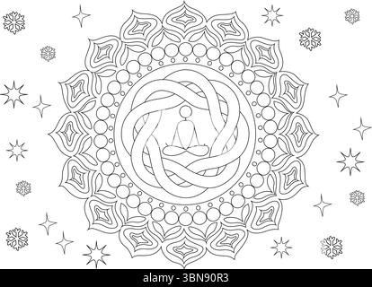 Una dettagliata illustrazione in bianco e nero con una figura meditante stilizzata centrata in un intricato design mandala. La p simmetrica Illustrazione Vettoriale