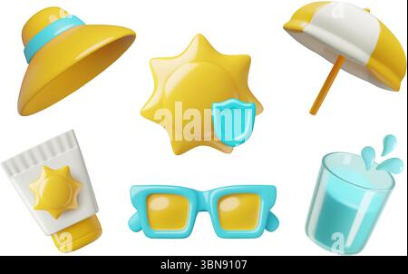 Protezione solare e icone vettoriali 3d di sicurezza tramonta protezione solare ombrellone cappello occhiali da sole protezione impermeabile Illustrazione Vettoriale