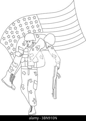 Questa commovente illustrazione d'arte in linea bianca e nera cattura lo spirito solenne del Memorial Day, raffigurando due soldati americani, uno eroicamente carryi Illustrazione Vettoriale