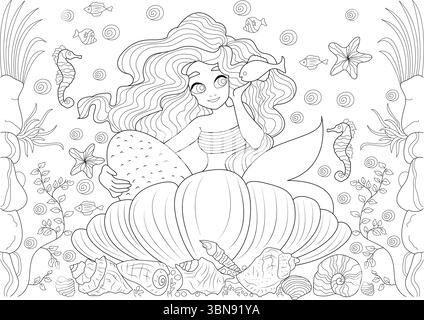 Illustrazione dettagliata del contorno in bianco e nero di una sirena felice con lunghi capelli ondulati, aggraziatamente alloggiati all'interno di una grande conchiglia di vongole aperta. L'enchanti Illustrazione Vettoriale
