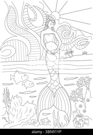 Dettagliata illustrazione a linee bianche e nere con una graziosa sirena incinta che tiene delicatamente la pancia, circondata da un'immaginazione sott'acqua Illustrazione Vettoriale