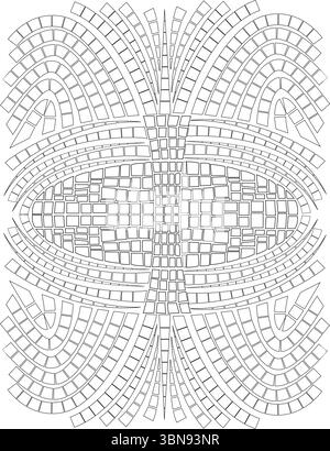 Motivo in bianco e nero astratto dettagliato composto da varie piastrelle quadrate e rettangolari disposte in linee fluide e curve che si irradiano verso l'esterno Illustrazione Vettoriale