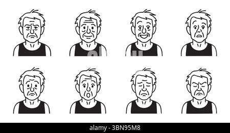 Set di volti di vecchio uomo con diverse espressioni emotive isolate su sfondo bianco. Concetto di carattere maschile anziano, emozioni facciali, psicologia anziana Illustrazione Vettoriale