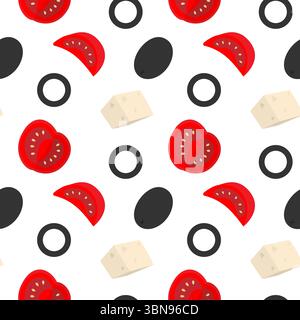 Olive formaggio cubetti e pomodori fette senza cuciture pattern ingredienti alimentari sani background alimentare. Illustrazione vettoriale isolata temi alimentari o schede menu, banner promozionale, opuscoli, etichette, etichette dei prezzi Illustrazione Vettoriale