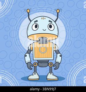 Robot futuristico e carino. Mascotte Virtual Technology Assistant. Illustrazione vettoriale. Disegno a mano a colori. Personaggio avatar per supporto tecnico e sicurezza Illustrazione Vettoriale