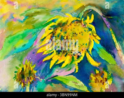 Acquerello astratto dipinto originale colore giallo di girasole e foglie verdi su sfondo blu. Foto Stock