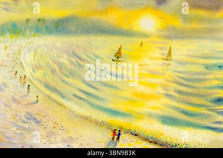 Acquerello astratto del mare dipinto originale su carta colorato di vacanza in barca a vela e di emozione su sfondo solare giallo serale Foto Stock