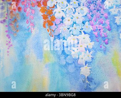 Fiori ad acquerello che dipingono un mazzo di fiori di orchidea realistici e originali nel cielo e sullo sfondo astratto Foto Stock