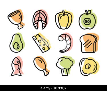 Icone vettoriali del cibo sano in stile lineare, colorato. Pesce, carne, pollo, frutta e verdura, per la progettazione di app, menu, blog di cucina, sito Web. Illustrazione Vettoriale