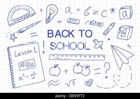 Banner Bentornato a scuola. Materiale scolastico in stile Doodle disegnato con una penna su una pagina di carta a scacchi. Poster orizzontale con spazio di testo, sfondo con materiale scolastico vettoriale Illustrazione Vettoriale