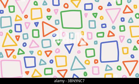 Modello Doodle con forme geometriche e figure disegnate a mano. Sfondo colorato astratto con scarabocchi infantili Illustrazione Vettoriale