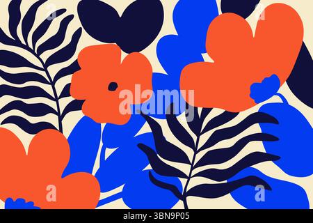Fiori rossi disegnati a mano, foglie di palma blu e sfondi beige. Papavero astratto e foglie tropicali in stile matisse art. Grafica vettoriale primitiva Illustrazione Vettoriale