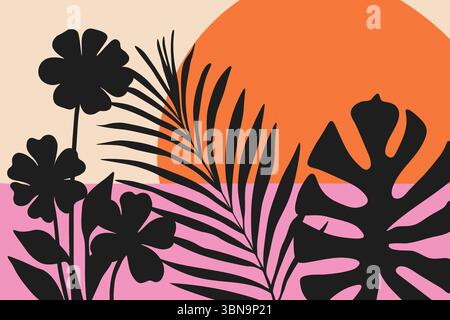 Sfondo astratto alla moda con foglie tropicali, palma monstera, foglie e fiori. Design minimalista ed esotico Illustrazione Vettoriale