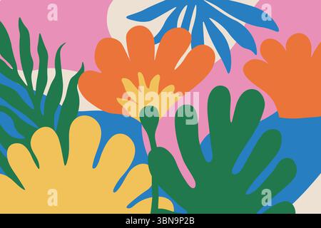 Sfondo botanico disegnato a mano. Fiori e forme organiche in stile infantile ingenuo. Design astratto del vettore scanalato Illustrazione Vettoriale