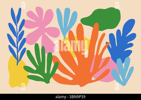 Forme astratte a foglia e corallo in stile matisse art. Colori vivaci e audaci, forme organiche e figure disegnate a mano su sfondo beige Illustrazione Vettoriale