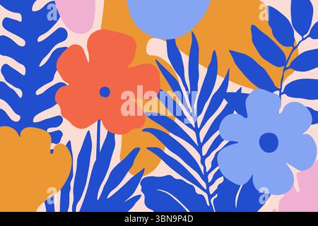 Colorate forme botaniche sullo sfondo a doodle. Foglie tropicali astratte disegnate a mano e fiori in stile matisse, design decorativo vettoriale luminoso Illustrazione Vettoriale