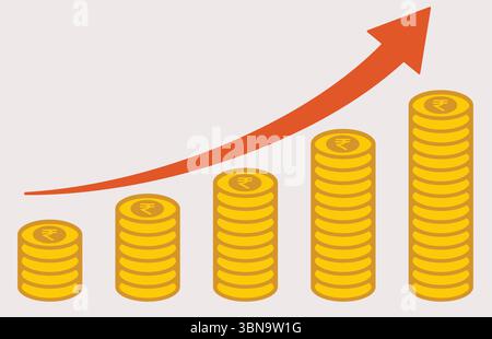 Grafico di crescita finanziaria con pile di monete in rupie in aumento e freccia rossa, concetto di successo economico vettoriale piatto Illustrazione Vettoriale