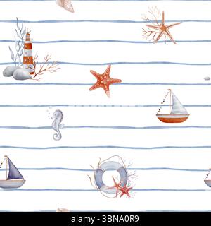 Motivo senza cuciture acquerello con stelle sottomarine, faro e barca a vela su sfondo a righe. Sfondo nautico con cavallino marino per Foto Stock