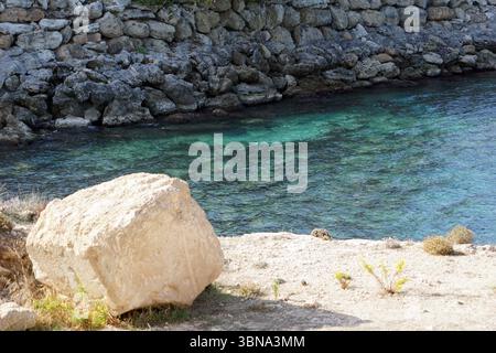 Cipro, Una tranquilla scena costiera. In primo piano, una grande e leggera roccia beige poggia sulla spiaggia sabbiosa, in contrasto con il verde circostante. Oltre la roccia, una scogliera rocciosa fatta di pietre grigie e marroni forma un confine naturale, con l'acqua sottostante che appare in un vibrante colore turchese o tè. L'acqua vicino alla riva è poco profonda e limpida, rivelando il fondo, mentre più profonda nell'acqua diventa più scura e opaca. La spiaggia sabbiosa è punteggiata di piccole piante e arbusti, che aggiungono bellezza naturale alla scena. L'occhio di un artista e la sua immaginazione Foto Stock