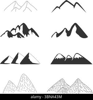 set di template vettoriali montani silhouette. Collezione di icone delle montagne e delle colline per loghi, avventure, adesivi e stampe Illustrazione Vettoriale