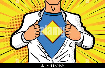 Camicia di apertura Super Hero Character in un cartoni animati in stile pop art retrò con mezzitoni Illustrazione Vettoriale