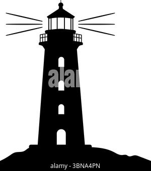 Silhouette nera del faro o elemento di design del faro di navigazione nautico isolato su uno sfondo trasparente Illustrazione Vettoriale