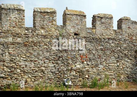 Kavala, Grecia, Una sezione di un muro di pietra, probabilmente parte di un'antica fortezza o castello, costruita con pietre di forma irregolare nelle sfumature di grigio, marrone e beige. Il muro presenta una serie di merlature o merlature, con alcune sezioni che mostrano segni di agenti atmosferici ed erosione. Un piccolo oggetto di colore scuro, forse un macchinario o una piccola struttura, è visibile in primo piano. Il terreno di fronte al muro è ricoperto di erba secca, marrone ed erbacce. Il cielo sopra è azzurro, con alcune nuvole visibili. L'occhio di un artista e la sua immaginazione Foto Stock
