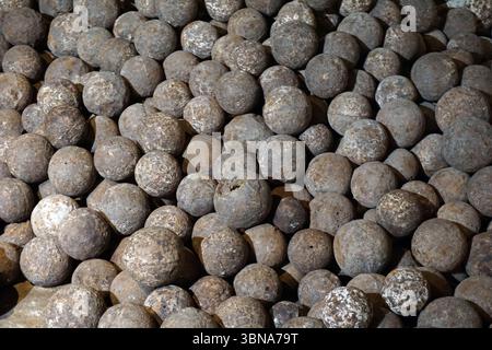 Una grande pila di sfere vecchie, intemprate e usurate, probabilmente di metallo, impilate a caso. Le sfere sono prevalentemente grigie e marroni, alcune mostrano segni di ruggine e usura. Sono di dimensioni variabili, con alcuni che appaiono più grandi di altri. Il mucchio è in un'area poco illuminata, con lo sfondo per lo più oscurato dal mucchio sferico. La prospettiva è dall'alto, guardando verso il basso sul mucchio, dando un senso della sua vastità e dell'accumulo di tempo e tempo. Didascalia a forma di occhio e immaginazione di un artista. Foto Stock