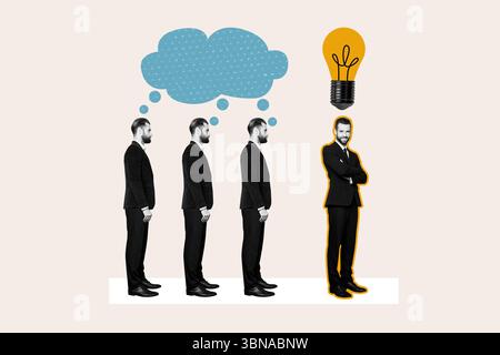 Poster schizzo immagine grafica collage fotografico di decisione eureka sfida creativa tre uomini in piedi pensare uomo d'affari successo idea lampada Foto Stock