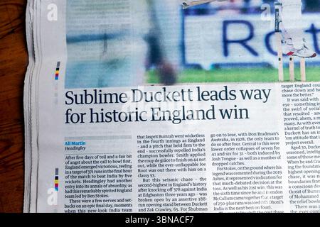 "Sublime Duckett apre la strada alla vittoria storica dell'Inghilterra" titolo del quotidiano Guardian 28 giugno 2025 articolo sul cricket sportivo Londra Inghilterra Regno Unito Foto Stock