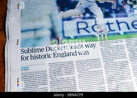 "Sublime Duckett apre la strada alla vittoria storica dell'Inghilterra" titolo del quotidiano Guardian 28 giugno 2025 articolo sul cricket sportivo Londra Inghilterra Regno Unito Foto Stock