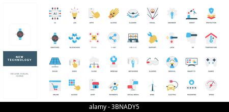 Icone moderne di stile piatto che rappresentano ai, blockchain, VR, dispositivi intelligenti e innovazione digitale per Web, app e presentazioni illustrazione vettoriale isolata Illustrazione Vettoriale