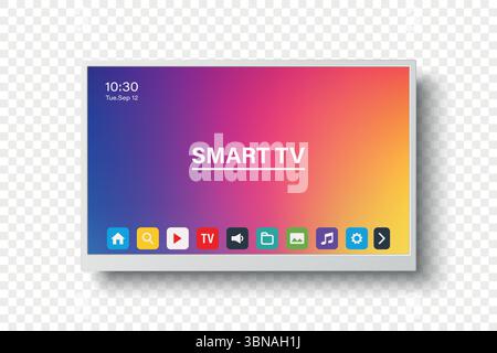 Interfaccia Smart TV 3d realistica vettoriale con applicazioni sullo schermo. Smart TV Mockup piatto con icone dell'app remota, display multimediale domestico colorato, streaming Illustrazione Vettoriale