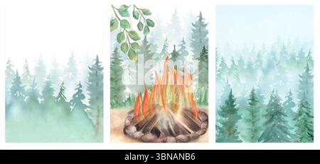 Un pacchetto di tre modelli di biglietti d'auguri ad acquerello con abeti verdi e blu nella foresta nebbiosa, il falò. Illustrazioni disegnate a mano per copertine, inv Foto Stock