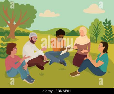 Persone diverse che collaborano all'aperto in un ambiente informale, mostrando unità e inclusione nel lavoro di squadra Illustrazione Vettoriale